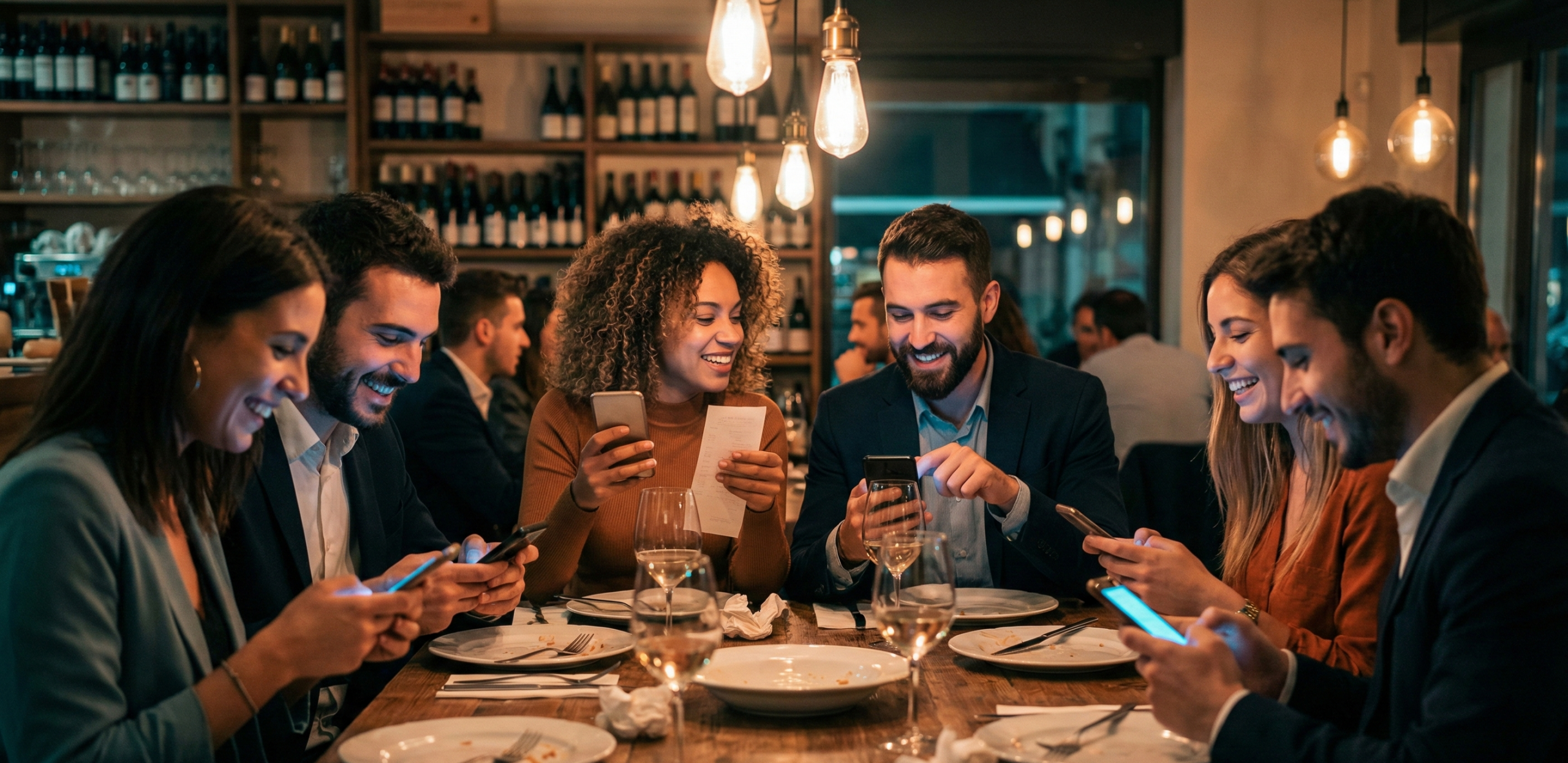 Grupo de amigos realizando un pago compartido con Bizum en ambiente relajado