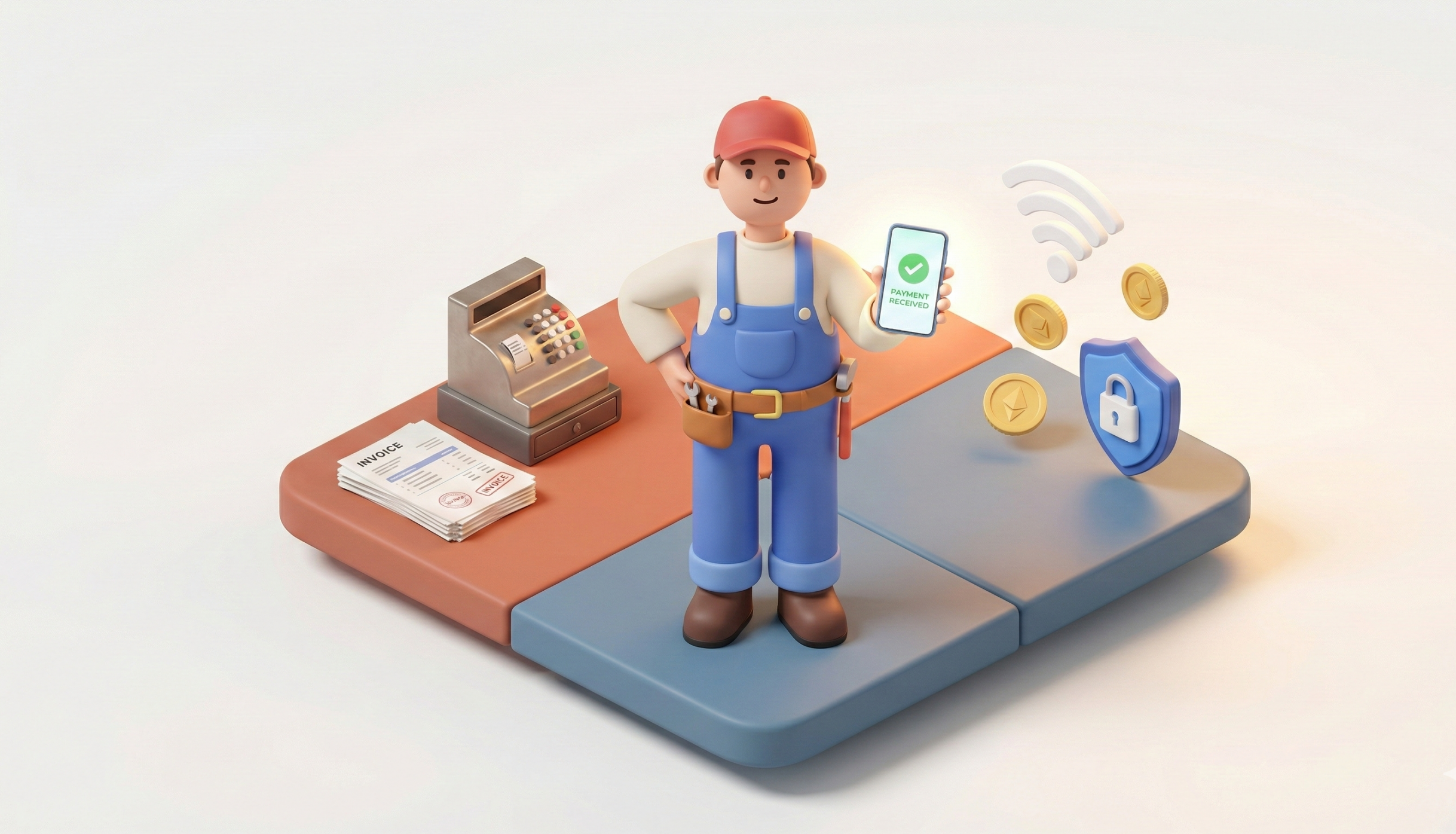 Autónomo revisando pagos móviles junto a facturas físicas